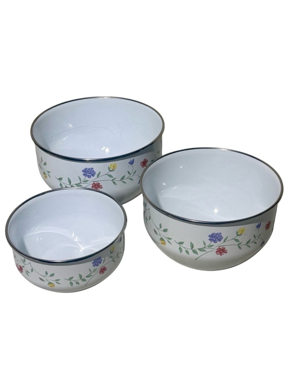 Vintage Enamelware Nested Mixing Bowls Floral Set of 3 Metal Rim English Meadow